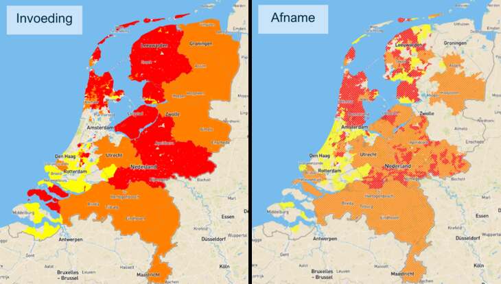 Capaciteitskaart elektriciteitsnet in Nederland. De kleurcodes geven een beeld van de beschikbare transportcapaciteit in de regio op 3 januari 2023. Rood = structureel congestie, nieuwe transportaanvragen worden niet gehonoreerd; oranje is = vooraankondiging structurele congestie bij ACM; geel = transport schaarste dreigt, er geldt een aangepast offerteregime; transparant = (nog) geen transport schaarste. Bron: Netbeheer Nederland, geraadpleegd op 4 januari 2023. 